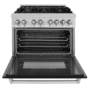 ZLINE 36 in. 4.6 cu. ft. Legacy Dual Fuel Range with 6 Burner Gas Cooktop and Electric Convection Oven in Satin Stainless Steel and Black Matte Door (RAS-BLM-36) front, open.