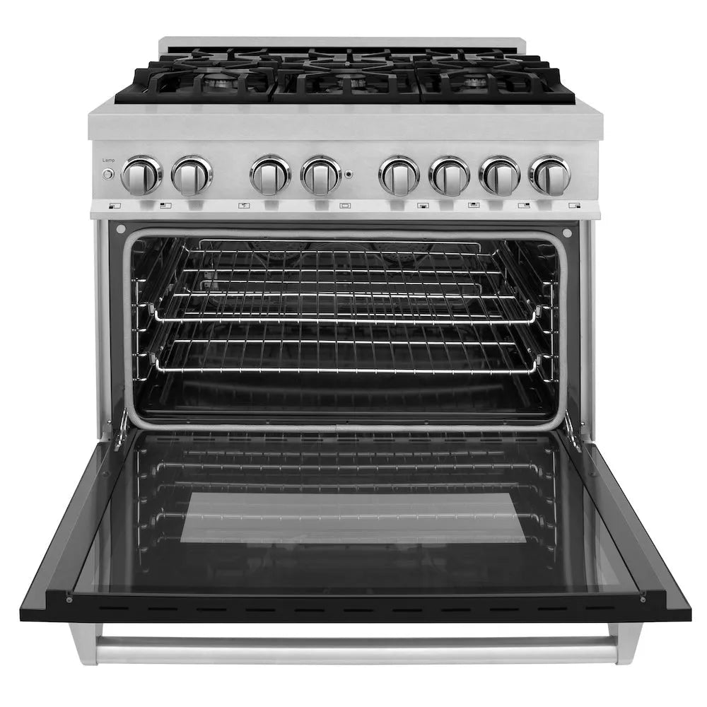 ZLINE 36 in. 4.6 cu. ft. Legacy Dual Fuel Range with 6 Burner Gas Cooktop and Electric Convection Oven in Satin Stainless Steel and Black Matte Door (RAS-BLM-36) front, open.