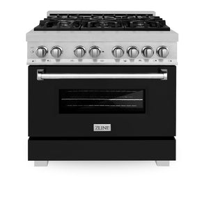 ZLINE 36 in. 4.6 cu. ft. Legacy Dual Fuel Range with 6 Burner Gas Cooktop and Electric Convection Oven in Satin Stainless Steel and Black Matte Door (RAS-BLM-36) front, oven closed.