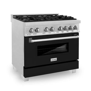 ZLINE 36 in. 4.6 cu. ft. Legacy Dual Fuel Range with 6 Burner Gas Cooktop and Electric Convection Oven in Satin Stainless Steel and Black Matte Door (RAS-BLM-36) main image.