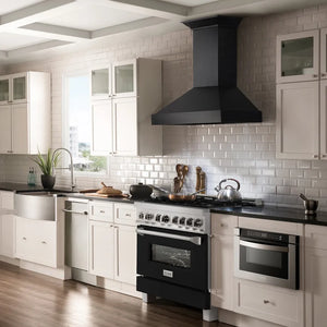 Farmhouse kitchen with ZLINE 36 in. 4.6 cu. ft. Legacy Dual Fuel Range with 6 Burner Gas Cooktop and Electric Convection Oven in Satin Stainless Steel and Black Matte Door (RAS-BLM-36), range hood, white cabinets, and tiled backsplash.