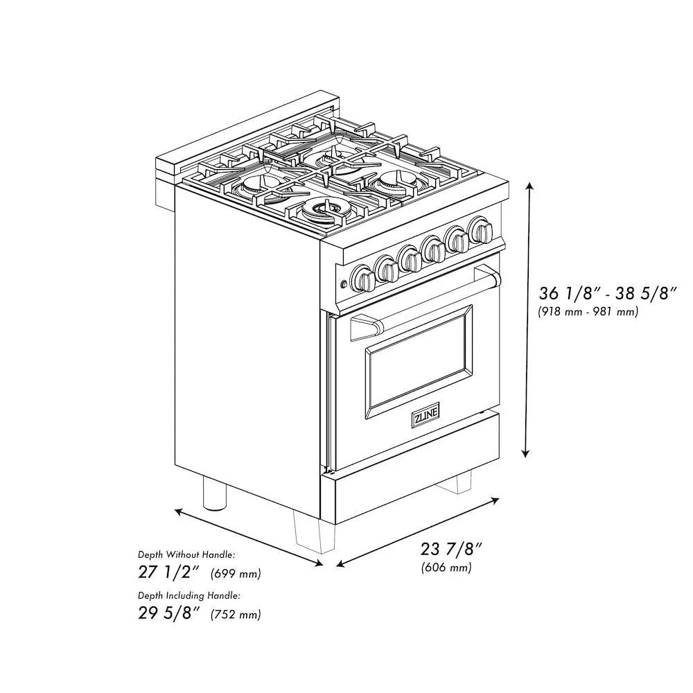 ZLINE 24 in. 2.8 cu. ft. Legacy Dual Fuel Range with 4 Burner Gas Cooktop and Electric Convection Oven in Satin Stainless Steel (RAS-SN-24) dimensional diagram.