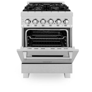 ZLINE 24 in. 2.8 cu. ft. Legacy Dual Fuel Range with 4 Burner Gas Cooktop and Electric Convection Oven in Satin Stainless Steel (RAS-SN-24) front, oven half open.