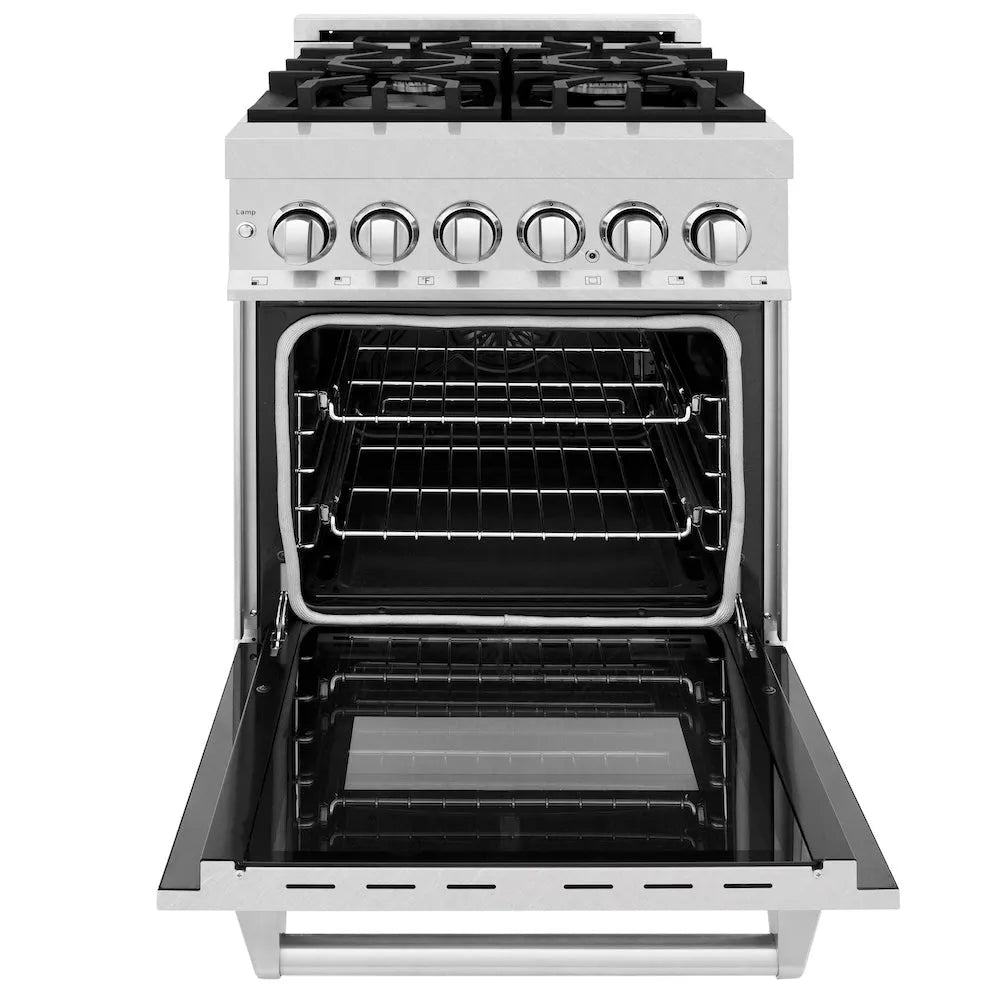 ZLINE 24 in. 2.8 cu. ft. Legacy Dual Fuel Range with 4 Burner Gas Cooktop and Electric Convection Oven in Satin Stainless Steel (RAS-SN-24) front, open.