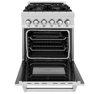 ZLINE 24 in. 2.8 cu. ft. Legacy Dual Fuel Range with 4 Burner Gas Cooktop and Electric Convection Oven in Satin Stainless Steel (RAS-SN-24) front, open.