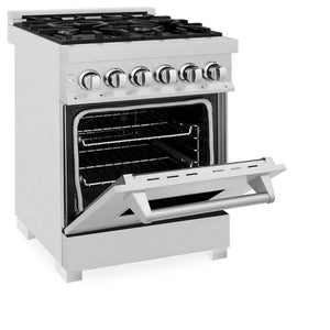 ZLINE 24 in. 2.8 cu. ft. Legacy Dual Fuel Range with 4 Burner Gas Cooktop and Electric Convection Oven in Satin Stainless Steel (RAS-SN-24) side, oven half open.
