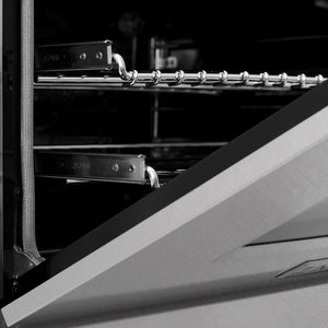 ZLINE 30 in. 4.0 cu. ft. Legacy Dual Fuel Range with 4 Burner Gas Cooktop and Electric Convection Oven in Satin Stainless Steel (RAS-SN-30) oven door detail half open.