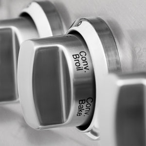 ZLINE 30 in. 4.0 cu. ft. Legacy Dual Fuel Range with 4 Burner Gas Cooktop and Electric Convection Oven in Satin Stainless Steel (RAS-SN-30) knobs.