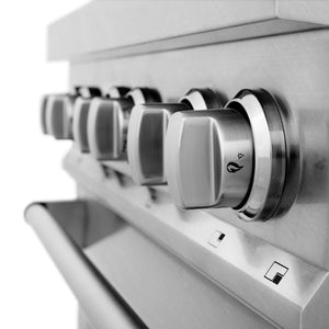 ZLINE 30 in. 4.0 cu. ft. Legacy Dual Fuel Range with 4 Burner Gas Cooktop and Electric Convection Oven in Satin Stainless Steel (RAS-SN-30) knobs.