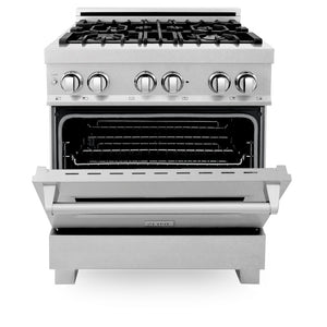 ZLINE 30 in. 4.0 cu. ft. Legacy Dual Fuel Range with 4 Burner Gas Cooktop and Electric Convection Oven in Satin Stainless Steel (RAS-SN-30) front, oven half open.