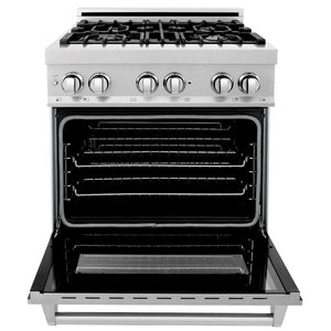 ZLINE 30 in. 4.0 cu. ft. Legacy Dual Fuel Range with 4 Burner Gas Cooktop and Electric Convection Oven in Satin Stainless Steel (RAS-SN-30) front, oven open.