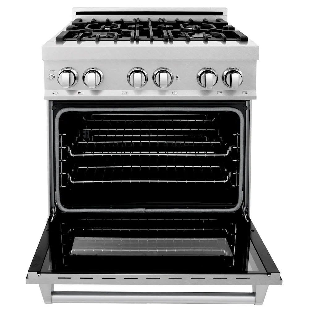 ZLINE 30 in. 4.0 cu. ft. Legacy Dual Fuel Range with 4 Burner Gas Cooktop and Electric Convection Oven in Satin Stainless Steel (RAS-SN-30) front, oven open.