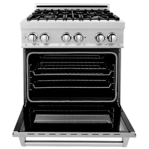 ZLINE 30 in. 4.0 cu. ft. Legacy Dual Fuel Range with 4 Burner Gas Cooktop and Electric Convection Oven in Satin Stainless Steel (RAS-SN-30) front, oven open.