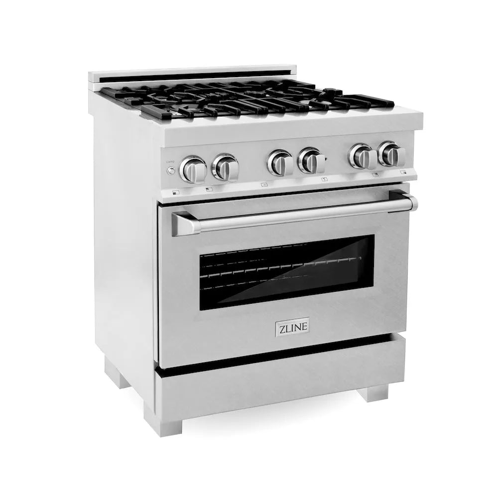 ZLINE 30 in. 4.0 cu. ft. Legacy Dual Fuel Range with 4 Burner Gas Cooktop and Electric Convection Oven in Satin Stainless Steel (RAS-SN-30) main image.