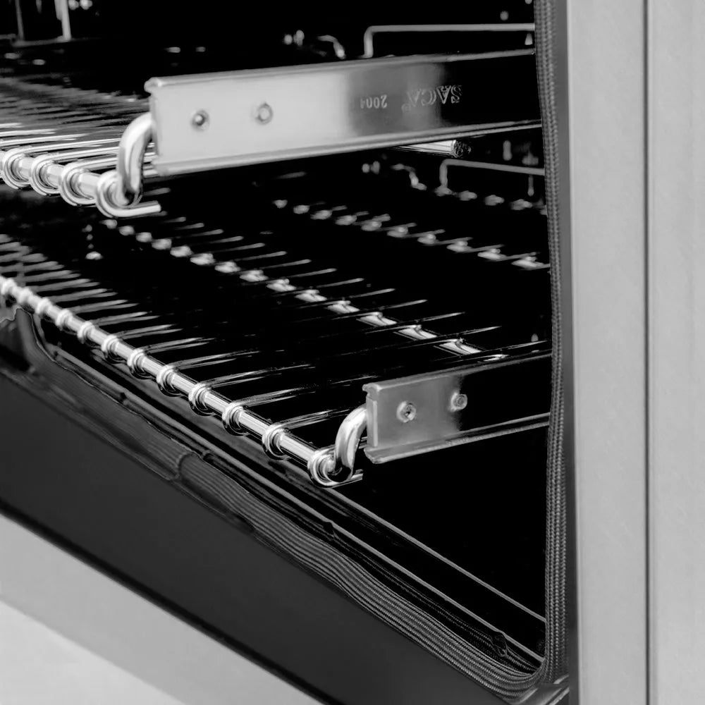 ZLINE 48 in. 6.0 cu. ft. Legacy Dual Fuel Range with 7 Burner Gas Cooktop and 2 Electric Ovens in Satin Stainless Steel (RAS-SN-48) side, adjustable oven racks.