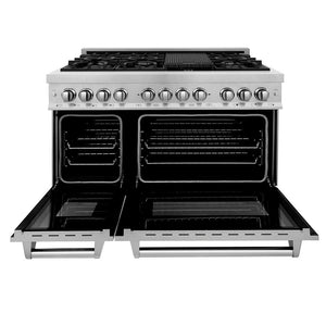ZLINE 48 in. 6.0 cu. ft. Legacy Dual Fuel Range with 7 Burner Gas Cooktop and 2 Electric Ovens in Satin Stainless Steel (RAS-SN-48) front, ovens open.