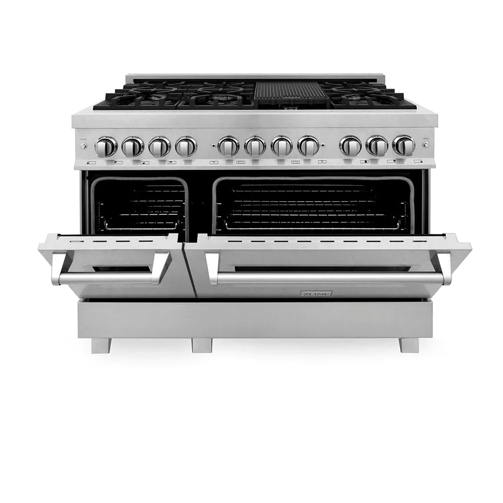 ZLINE 48 in. 6.0 cu. ft. Legacy Dual Fuel Range with 7 Burner Gas Cooktop and 2 Electric Ovens in Satin Stainless Steel (RAS-SN-48) front, oven half open.