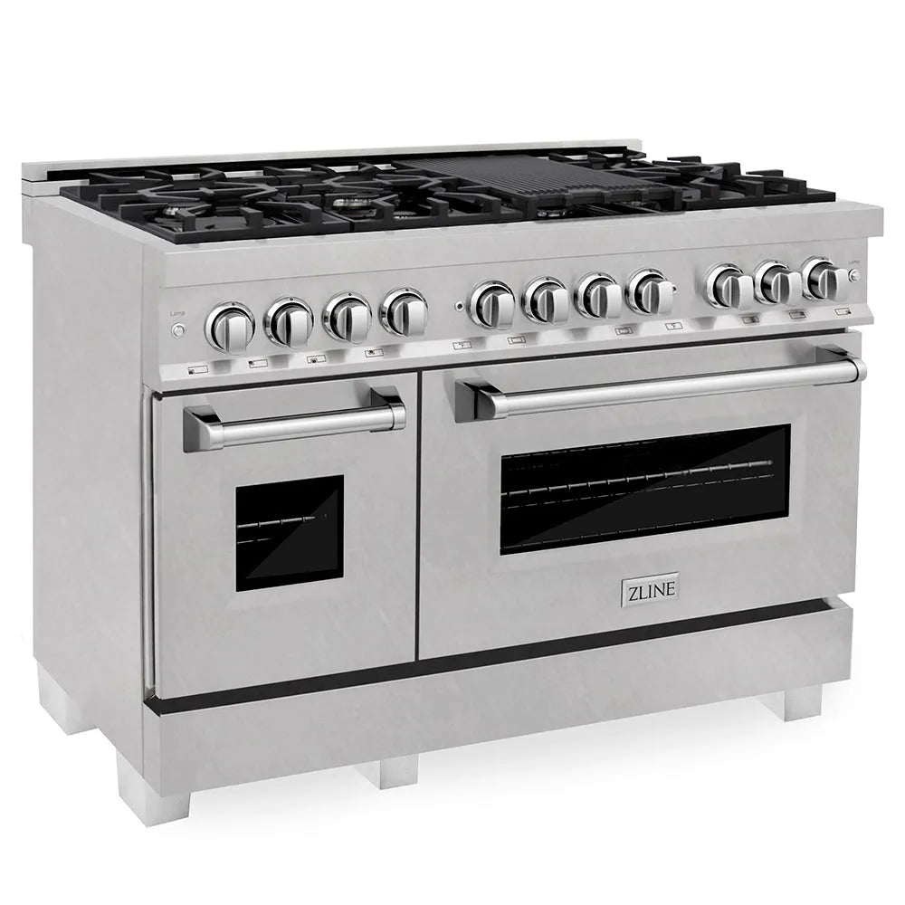 ZLINE 48 in. 6.0 cu. ft. Legacy Dual Fuel Range with 7 Burner Gas Cooktop and 2 Electric Ovens in Satin Stainless Steel (RAS-SN-48) main image.