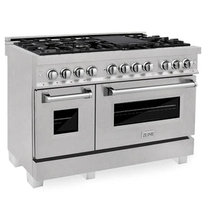 ZLINE 48 in. 6.0 cu. ft. Legacy Dual Fuel Range with 7 Burner Gas Cooktop and 2 Electric Ovens in Satin Stainless Steel (RAS-SN-48) main image.