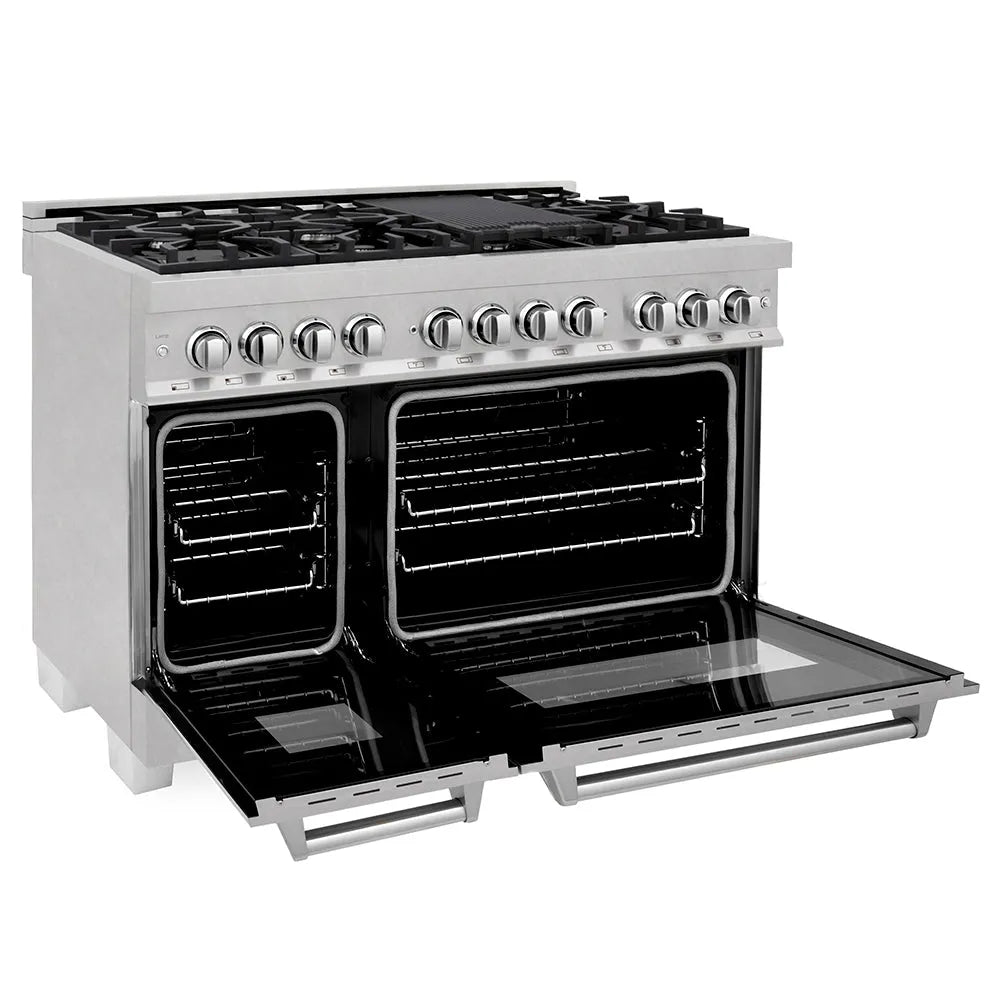 ZLINE 48 in. 6.0 cu. ft. Legacy Dual Fuel Range with 7 Burner Gas Cooktop and 2 Electric Ovens in Satin Stainless Steel (RAS-SN-48) side, ovens open.