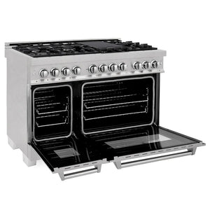 ZLINE 48 in. 6.0 cu. ft. Legacy Dual Fuel Range with 7 Burner Gas Cooktop and 2 Electric Ovens in Satin Stainless Steel (RAS-SN-48) side, ovens open.