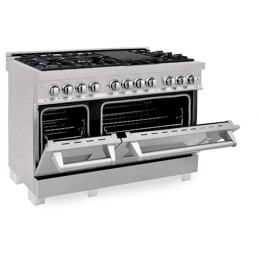 ZLINE 48 in. 6.0 cu. ft. Legacy Dual Fuel Range with 7 Burner Gas Cooktop and 2 Electric Ovens in Satin Stainless Steel (RAS-SN-48) side, oven half open.