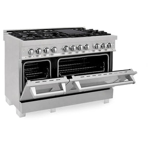 ZLINE 48 in. 6.0 cu. ft. Legacy Dual Fuel Range with 7 Burner Gas Cooktop and 2 Electric Ovens in Satin Stainless Steel (RAS-SN-48) side, oven half open.