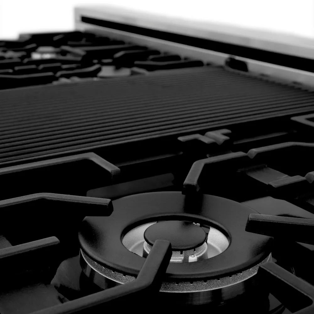 ZLINE 60 in. 7.4 cu. ft. Legacy Dual Fuel Range with 9 Burner Gas Cooktop and 2 Electric Convection Ovens in Satin Stainless Steel (RAS-SN-60) close-up, burners.