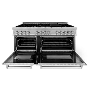ZLINE 60 in. 7.4 cu. ft. Legacy Dual Fuel Range with 9 Burner Gas Cooktop and 2 Electric Convection Ovens in Satin Stainless Steel (RAS-SN-60) front, open.