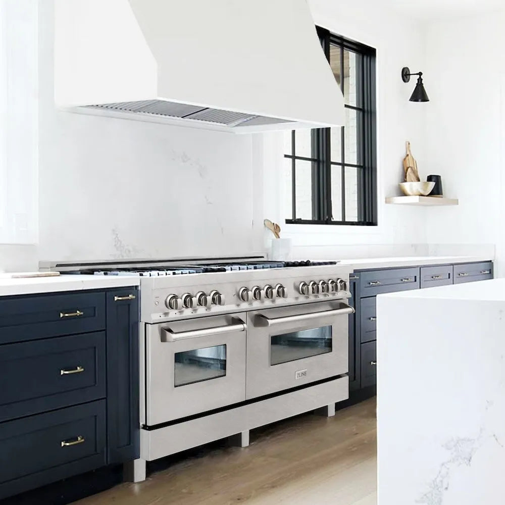 Modern kitchen with ZLINE 60 in. 7.4 cu. ft. Legacy Dual Fuel Range with 9 Burner Gas Cooktop and 2 Electric Convection Ovens in Satin Stainless Steel (RAS-SN-60) and blue cabinets