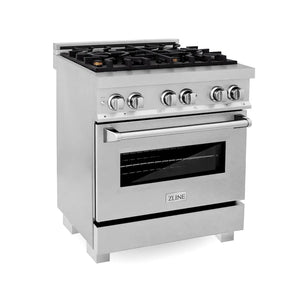 ZLINE 30 in. 4.0 cu. ft. Legacy Dual Fuel Range with Gas Cooktop and Electric Convection Oven in Satin Stainless Steel with 4 Brass Burners (RAS-SN-BR-30) main image.