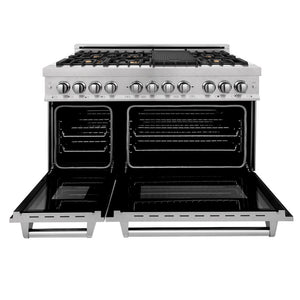 ZLINE 48 in. 6.0 cu. ft. Legacy Dual Fuel Range with Gas Cooktop and 2 Electric Ovens in Satin Stainless Steel with 6 Brass Burners (RAS-SN-BR-48) front, oven open.