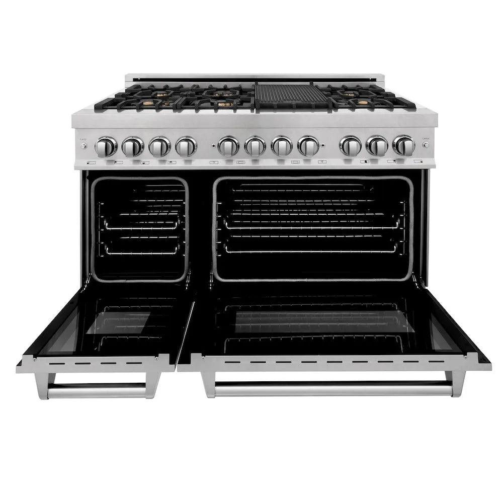ZLINE 48 in. 6.0 cu. ft. Legacy Dual Fuel Range with Gas Cooktop and 2 Electric Ovens in Satin Stainless Steel with 6 Brass Burners (RAS-SN-BR-48) front, oven open.