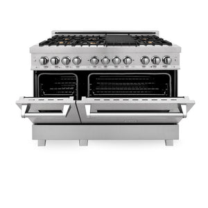 ZLINE 48 in. 6.0 cu. ft. Legacy Dual Fuel Range with Gas Cooktop and 2 Electric Ovens in Satin Stainless Steel with 6 Brass Burners (RAS-SN-BR-48) front, oven half open.