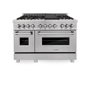 ZLINE 48 in. 6.0 cu. ft. Legacy Dual Fuel Range with Gas Cooktop and 2 Electric Ovens in Satin Stainless Steel with 6 Brass Burners (RAS-SN-BR-48) front, oven closed.