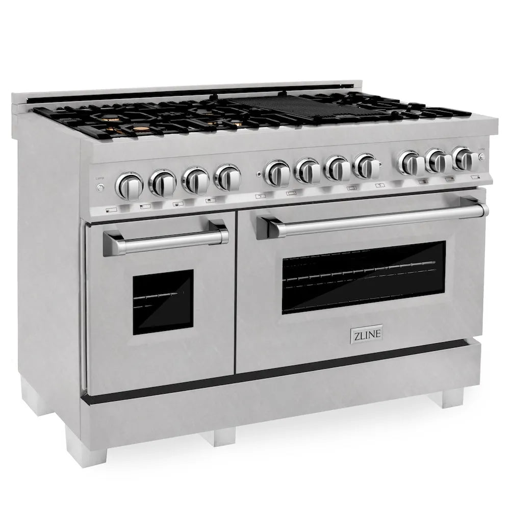 ZLINE 48 in. 6.0 cu. ft. Legacy Dual Fuel Range with Gas Cooktop and 2 Electric Ovens in Satin Stainless Steel with 6 Brass Burners (RAS-SN-BR-48) main image.