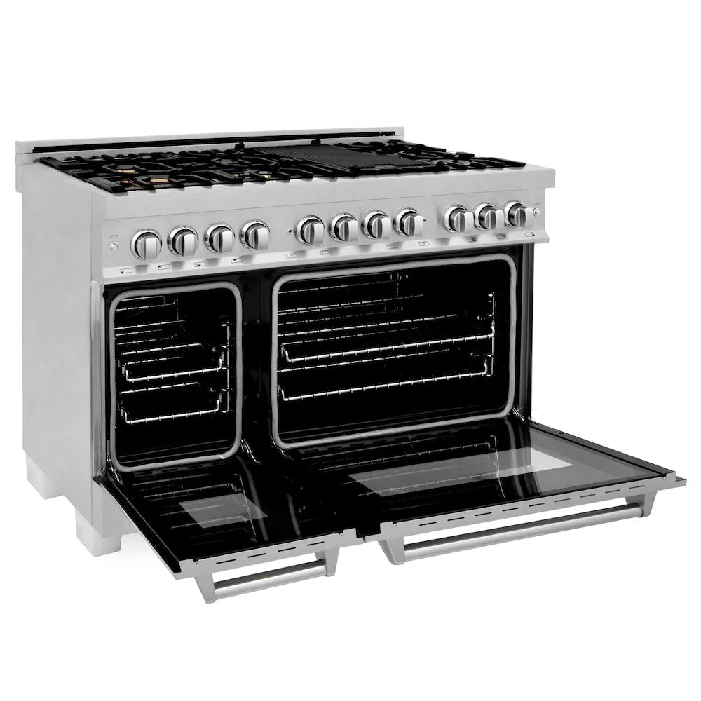 ZLINE 48 in. 6.0 cu. ft. Legacy Dual Fuel Range with Gas Cooktop and 2 Electric Ovens in Satin Stainless Steel with 6 Brass Burners (RAS-SN-BR-48) side.