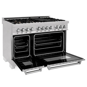 ZLINE 48 in. 6.0 cu. ft. Legacy Dual Fuel Range with Gas Cooktop and 2 Electric Ovens in Satin Stainless Steel with 6 Brass Burners (RAS-SN-BR-48) side.