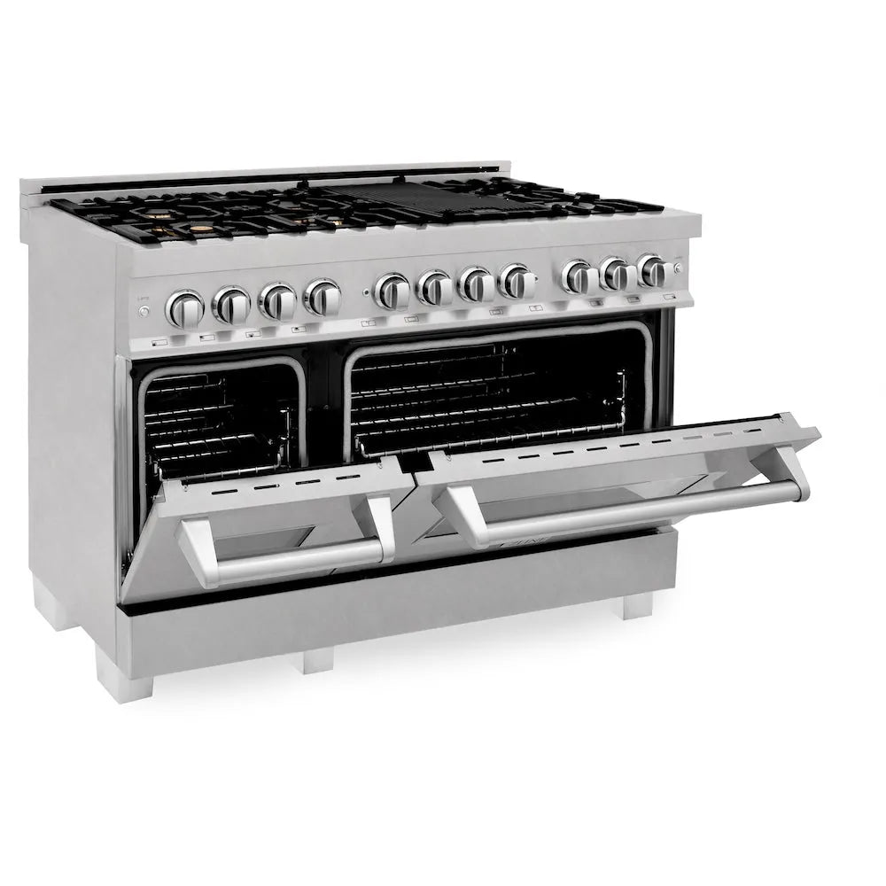 ZLINE 48 in. 6.0 cu. ft. Legacy Dual Fuel Range with Gas Cooktop and 2 Electric Ovens in Satin Stainless Steel with 6 Brass Burners (RAS-SN-BR-48) side, oven half open.