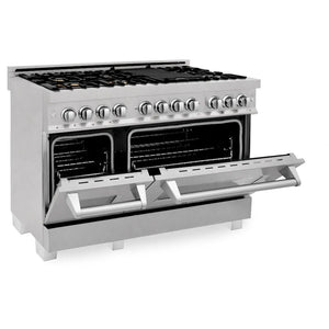 ZLINE 48 in. 6.0 cu. ft. Legacy Dual Fuel Range with Gas Cooktop and 2 Electric Ovens in Satin Stainless Steel with 6 Brass Burners (RAS-SN-BR-48) side, oven half open.