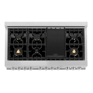 ZLINE 48 in. 6.0 cu. ft. Legacy Dual Fuel Range with Gas Cooktop and 2 Electric Ovens in Satin Stainless Steel with 6 Brass Burners (RAS-SN-BR-48) top-down, above cooktop.