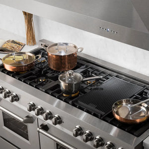 ZLINE 60 in. 7.4 cu. ft. Legacy Dual Fuel Range with Gas Cooktop and 2 Electric Convection Ovens in Satin Stainless Steel with 8 Brass Burners (RAS-SN-BR-60) with pots and pans on a modern kitchen background