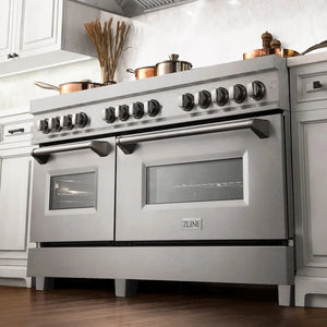 ZLINE 60 in. 7.4 cu. ft. Legacy Dual Fuel Range with Gas Cooktop and 2 Electric Convection Ovens in Satin Stainless Steel with 8 Brass Burners (RAS-SN-BR-60) below, in a luxury farmhouse-style kitchen.