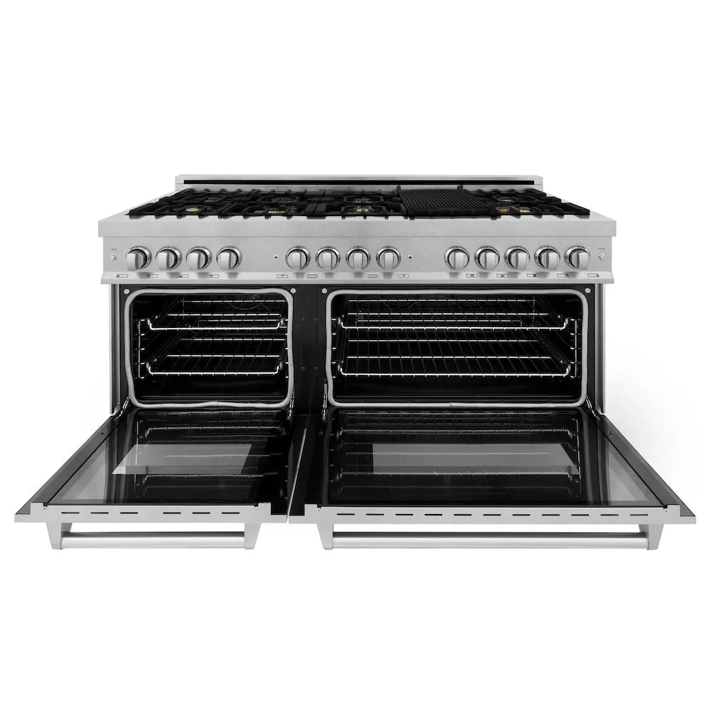 ZLINE 60 in. 7.4 cu. ft. Legacy Dual Fuel Range with Gas Cooktop and 2 Electric Convection Ovens in Satin Stainless Steel with 8 Brass Burners (RAS-SN-BR-60) front, open.