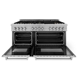 ZLINE 60 in. 7.4 cu. ft. Legacy Dual Fuel Range with Gas Cooktop and 2 Electric Convection Ovens in Satin Stainless Steel with 8 Brass Burners (RAS-SN-BR-60) front, open.