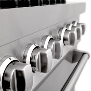 Close-up ZLINE 60 in. 7.4 cu. ft. Legacy Dual Fuel Range with Gas Cooktop and 2 Electric Convection Ovens in Satin Stainless Steel with 8 Brass Burners (RAS-SN-BR-60) knobs on a white background