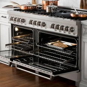 ZLINE 60 in. 7.4 cu. ft. Legacy Dual Fuel Range with Gas Cooktop and 2 Electric Convection Ovens in Satin Stainless Steel with 8 Brass Burners (RAS-SN-BR-60) with open doors in a kitchen setting