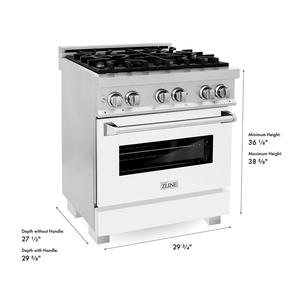 ZLINE 30 in. 4.0 cu. ft. Legacy Dual Fuel Range with 4 Burner Gas Cooktop and Electric Convection Oven in Satin Stainless Steel and White Matte Door (RAS-WM-30)