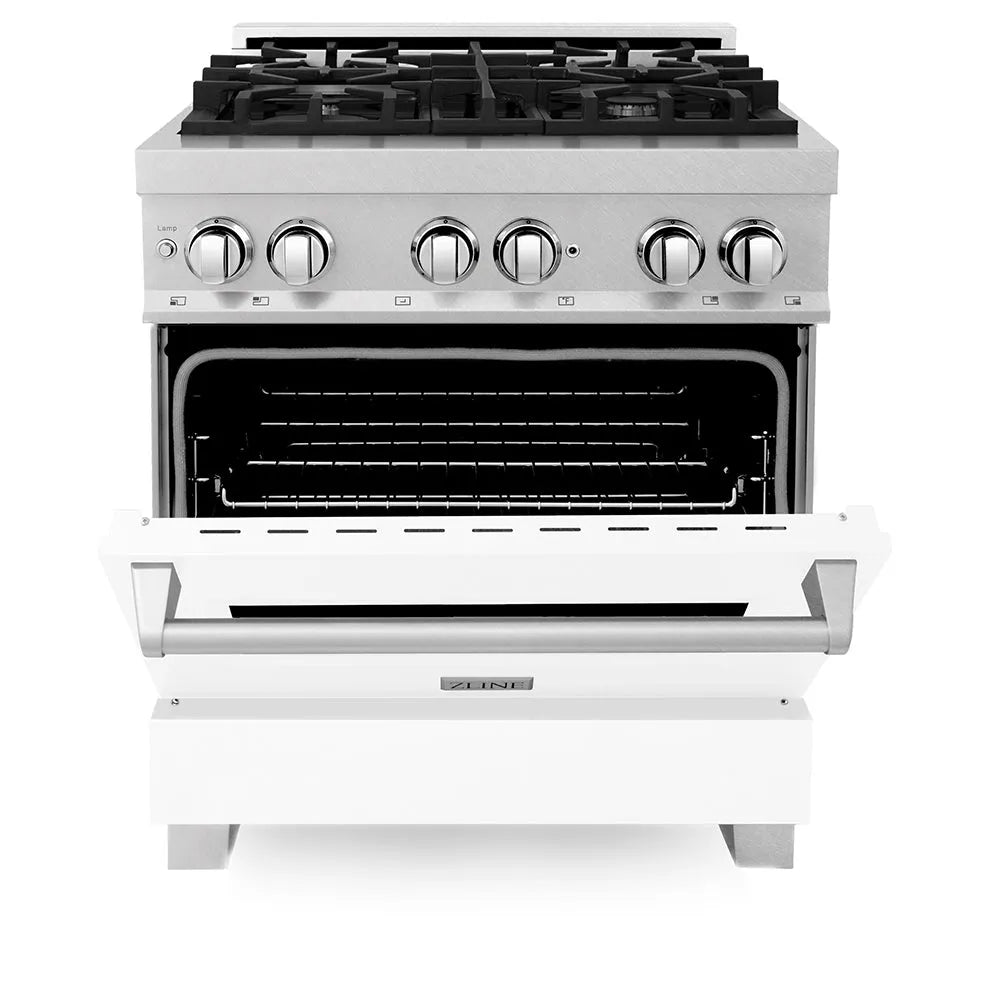 ZLINE 30 in. 4.0 cu. ft. Legacy Dual Fuel Range with 4 Burner Gas Cooktop and Electric Convection Oven in Satin Stainless Steel and White Matte Door (RAS-WM-30) front, oven half open.
