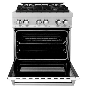 ZLINE 30 in. 4.0 cu. ft. Legacy Dual Fuel Range with 4 Burner Gas Cooktop and Electric Convection Oven in Satin Stainless Steel and White Matte Door (RAS-WM-30) front, oven open.